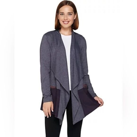 LOGO Lori Goldstein Blue French Terry Cardigan sz Large Open Waterfall Neckline - Picture 3 of 10